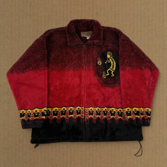 Vintage Aztec Tribal Black Red Yellow African Fleece 90s Made in USA Size Large - Picture 1 of 8
